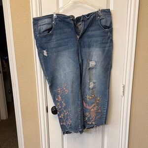 Terra & Sky Distressed Blue Cropped Jeans with Pink Floral Design
